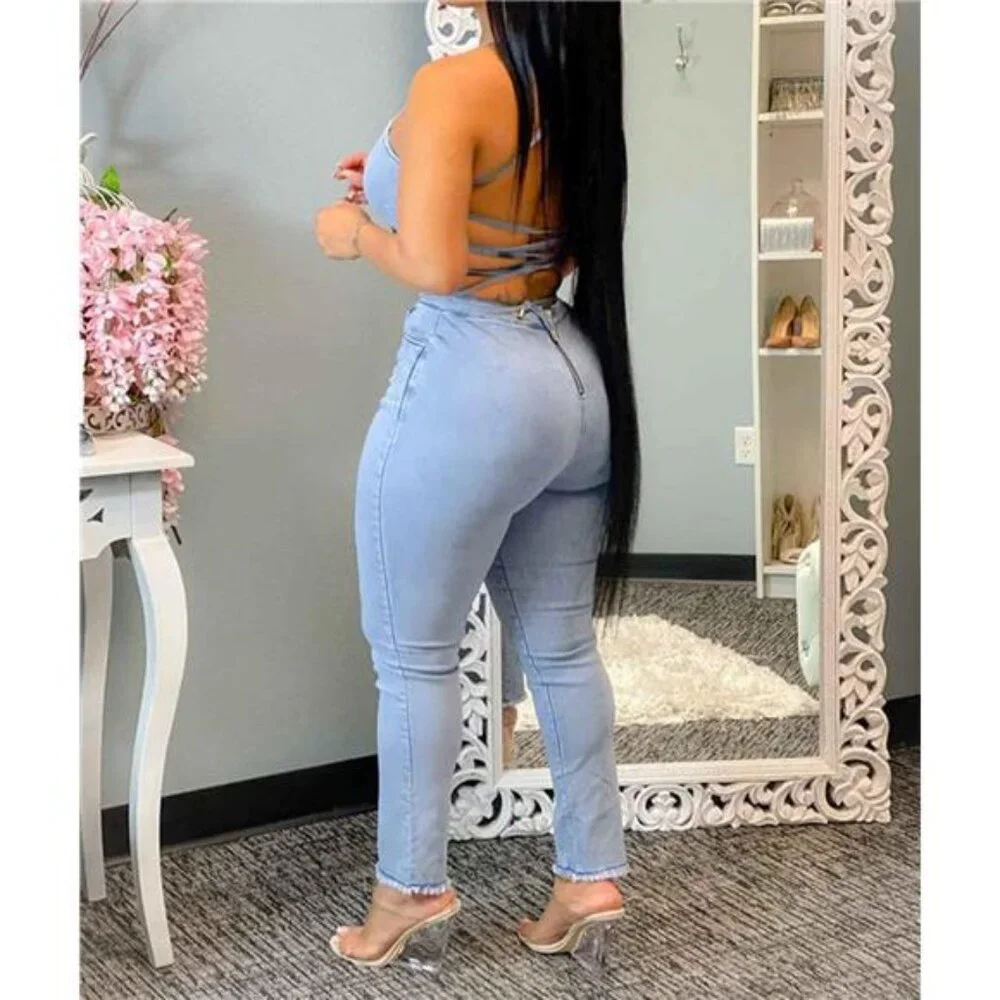 NEW Women’s Sexy Short Sleeve Denim Jumpsuit Romper Trendy Nightclub Mini Outfit - Picture 6 of 6